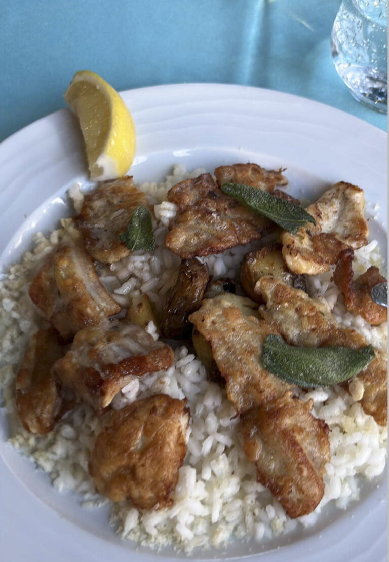 Hauptgang: gebratene Fischfilets auf Reis